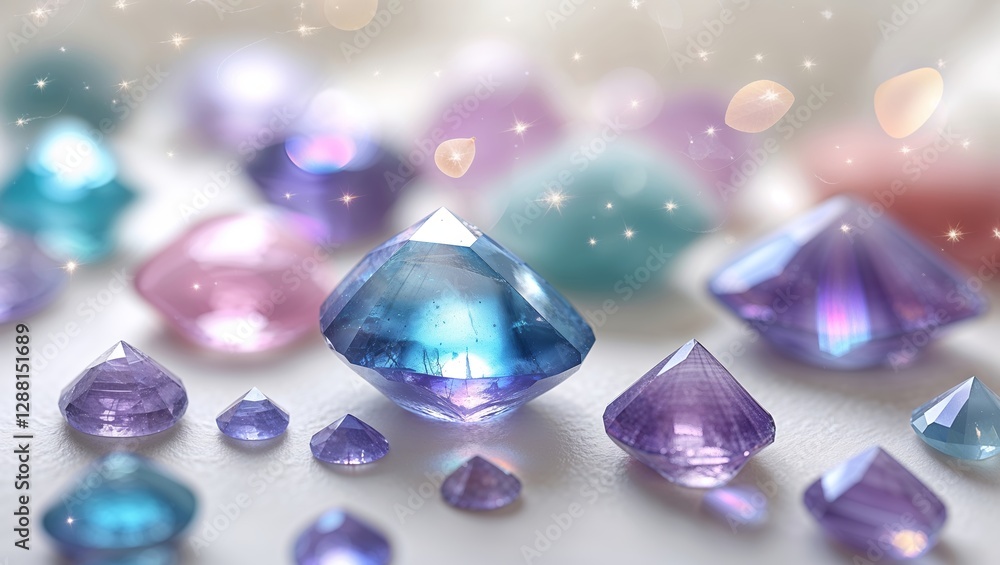 Poster colorful sparkling gems arranged on a soft surface in a well-lit space during the day
