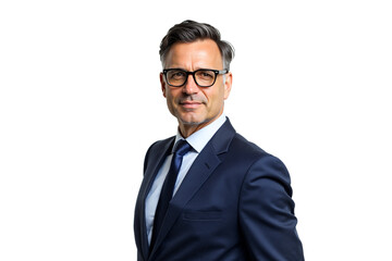 Professional middle-aged businessman in suit and glasses. Confident headshot for corporate website, profile, or marketing use. Isolated on transparent background.
