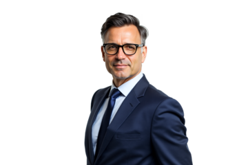 Professional middle-aged businessman in suit and glasses. Confident headshot for corporate website, profile, or marketing use. Isolated on transparent background.