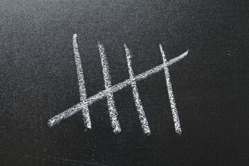 Counting days by drawing sticks with chalk on blackboard, closeup