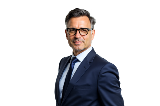 Professional middle-aged businessman in suit and glasses. Confident headshot for corporate website, profile, or marketing use. Isolated on transparent background. - Powered by Adobe