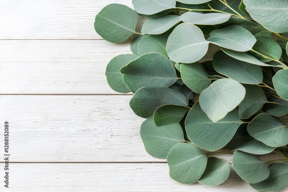 Poster a flat lay of eucalyptus leaves on a white background, surrounded by a frame constructed from eucaly