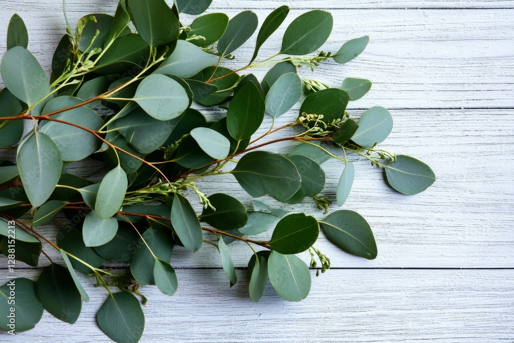 Poster eucalyptus branches form the frame around a top-down view of eucalyptus leaves on a white background