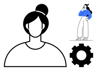 Female figure with bun hairstyle, full-body image of woman with blue top, gear. Ideal for business, technology, user profile, thinking, problem-solving engineering gender representation. Modern