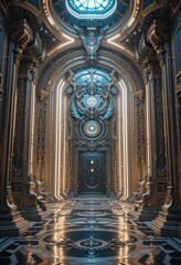 Ornate Gold and Blue Grand Hall Interior Architectural Design with Intricate Details and a Large Door