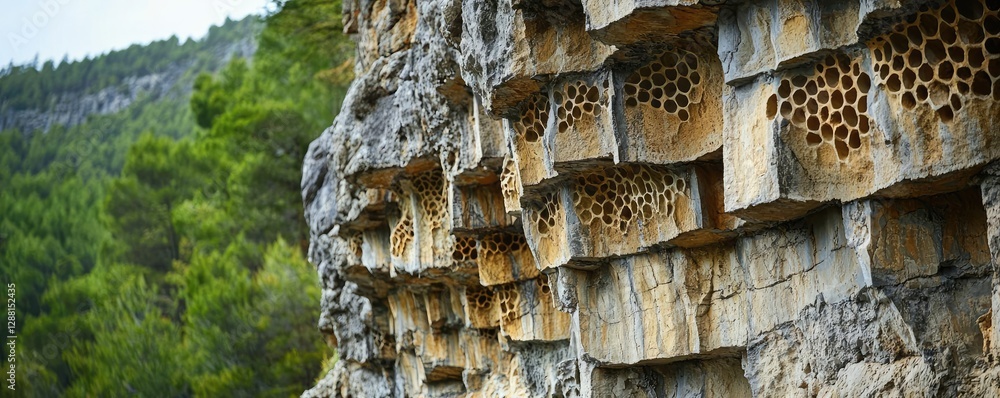 Poster weathering process idea. honeycomb structures embedded in a rocky landscape surrounded by lush green