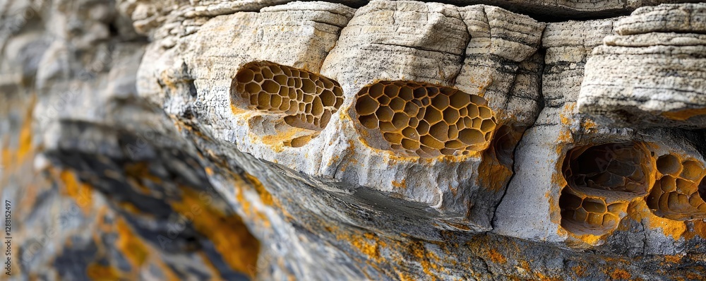 Poster weathering process idea. close-up of textured rock formations showcasing natural honeycomb patterns.