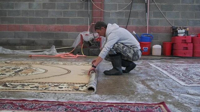 Side view. A laundry worker, crouching down, rolls up a wet carpet that has been professionally cleaned with industrial detergents, preparing it for extraction to remove excess water before drying.