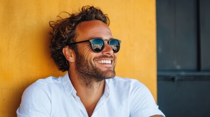 Obraz premium Portrait of a handsome man smiling, wearing sunglasses and a polo shirt enjoying some time outdoors on a sunny day.