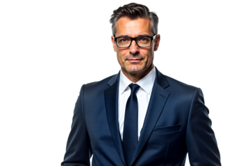 Confident middle-aged businessman in a navy suit and glasses isolated on transparent background. Ideal for corporate profiles, business websites, and professional presentations.