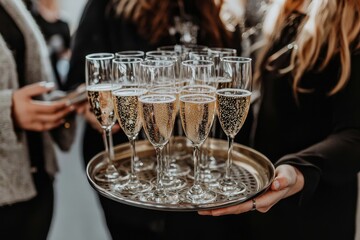 A catering service waiter is carrying champagne wine drinks at the event
