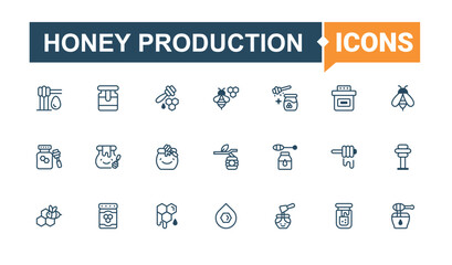 Set of Honey Production line icons. It contains symbols to comb, wax, hive, sweet, honey, production, apiarist, pot. Simple line vector. Line editable stroke. Vector line and solid icons.