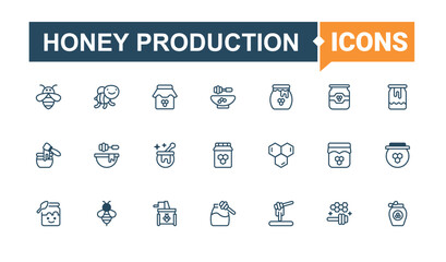 Set of Honey Production line icons. It contains symbols to comb, wax, hive, sweet, honey, production, apiarist, pot. Simple line vector. Line editable stroke. Vector line and solid icons.