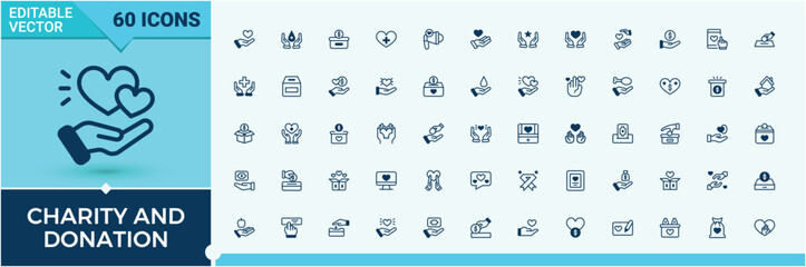 Charity And Donation vector line icon set. Related to team, nonprofit, fund, cooperation, donate and more. Outline symbol collection. Solid line editable stroke.