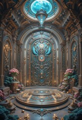 Fototapeta premium Ornate Blue and Gold Interior Room Design with Intricate Clockwork Door and Circular Platform