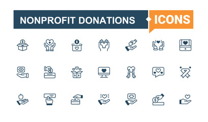 Nonprofit Donations icons set. Icons cooperation, community, foundation, unity, charity, donation, fund and more. Outline icon collection. Vector line and solid icons.