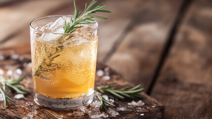 Chilled glass of organic ginger ale with ice and rosemary garnish, resting on wooden surface. Refreshing and aromatic drink perfect for warm days