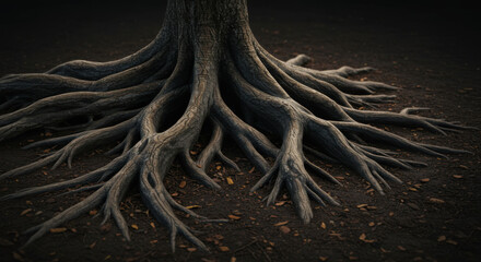 Tree roots intertwined supporting each other in ground
