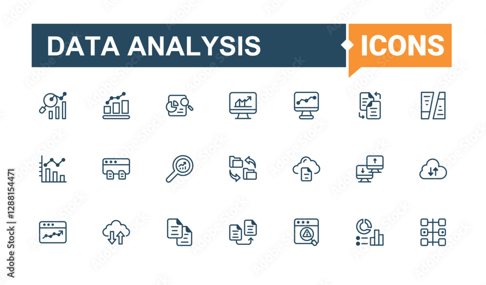Poster data analysis icons set in linear style. included icons as chart, schema, cloud, info, performance, 