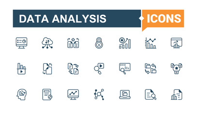 Data Analysis icons set in linear style. Included icons as chart, schema, cloud, info, performance, monitoring, presentation, computing. Editable stroke. Vector line and solid icons.