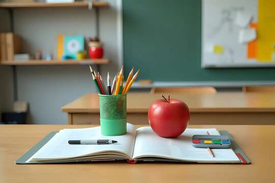 Different school supplies on wooden table in classroom.