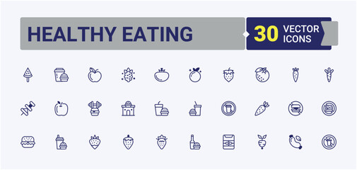Healthy Eating vector icon set. Includes thin line junk, vitamins, plan, nutrition, metabolism, diet, gut flora, diet and more. Sign and Symbol. Editable vector outline and solid icons.