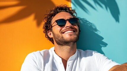 Obraz premium A man is standing against a colorful backdrop, smiling and looking directly at the camera. He appears to be wearing sunglasses and has short hair.