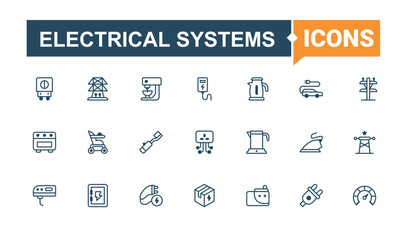 Electrical Systems isolated icon set. Icons house, gas, city, turbine, atom and more. Icons for website. Outline and solid pictogram.