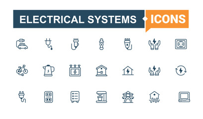 Electrical Systems isolated icon set. Icons house, gas, city, turbine, atom and more. Icons for website. Outline and solid pictogram.