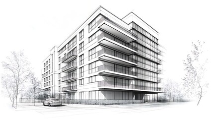 Creative sketch of multi story building with modern balconies high resolution picture