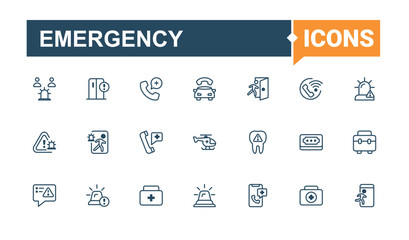 Emergency minimal icon set. Included icons as first, security, protection, evacuation, doctor and more. Expanded stroke. Vector outline and solid icons collection.