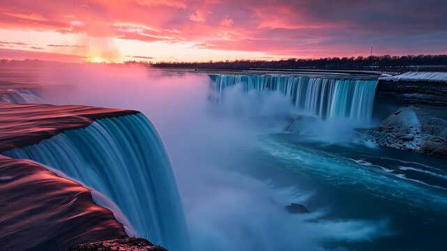 Dusk at Niagara Falls reveals a breathtaking view of cascading water and colorful skies as the sun sets on the natural wonder, creating a serene and majestic atmosphere