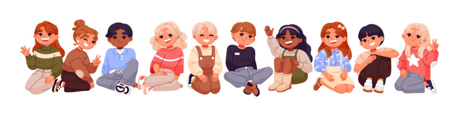 Cute kids sit together and greeting. Row of happy children waving hands, gesturing. International group of little boys and girls, friends smile. Flat isolated vector illustration on white background © Paper Trident