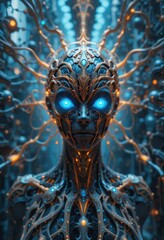 Futuristic Cyborg Woman Portrait Blue Glowing Eyes Intricate Gold Mechanical Design Art