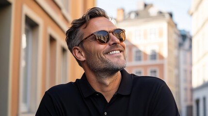Fototapeta premium Portrait of a handsome man smiling, wearing sunglasses and a polo shirt enjoying some time outdoors on a sunny day.