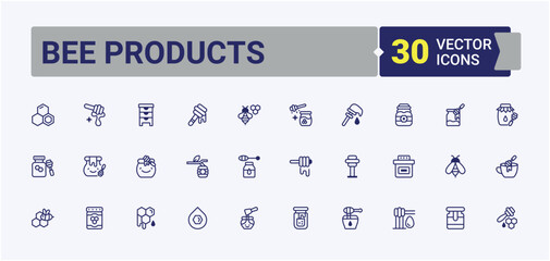 Bee Products icons set in linear style. Featuring food, nectar, healthy, pot, nature, pollen and more. Minimalistic icon. Vector outline and solid icons collection.