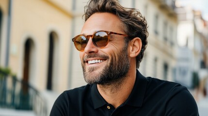  Portrait of a man smiling towards the camera, wearing sunglasses dressed casually with a white top on a city street.