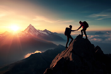 Two hikers help each other climb a mountain peak at sunrise, showcasing teamwork, determination, and support. The breathtaking alpine landscape with golden sunlight highlights the spirit of adventure