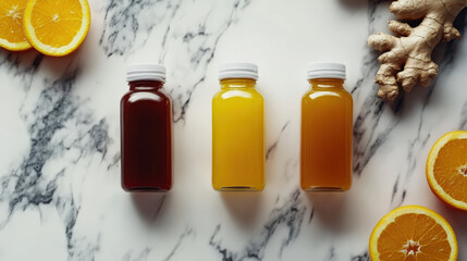 Fresh health shots in bottles with ginger and orange slices on marble