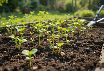 Young green seedlings growing in rich soil in a garden bed.