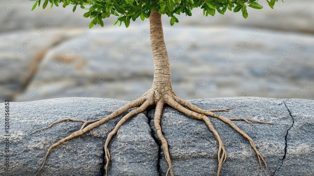 Poster weathering process concept. a resilient tree with roots firmly anchored in solid rock, showcasing na