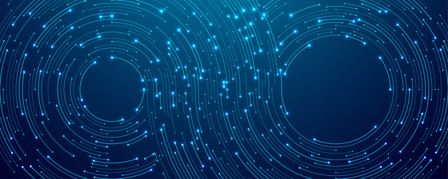 Abstract infinity symbol with circle circuit wires on technology dark blue background. AI concept. Big data flow tech bg. Digital network backdrop. CPU electronics pattern. Vector illustration 