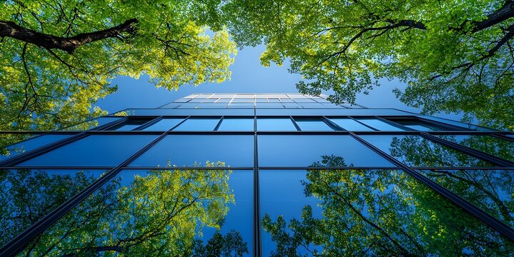 Sustainable Green Glass Office Building with Nature in Modern City Corporate Landscape