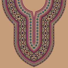 A symmetrical decorative neckline pattern for an Indian kurta, featuring intricate geometric and floral motifs in bold shades of burgundy, teal, and purple on a beige background.