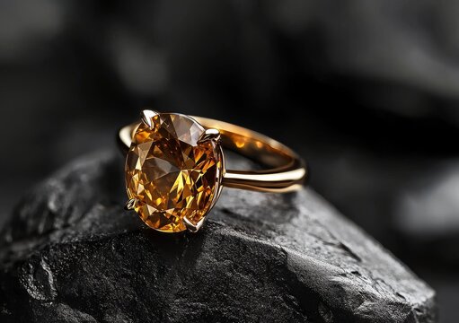 A ring featuring a large topaz gemstone set against a backdrop of black coal