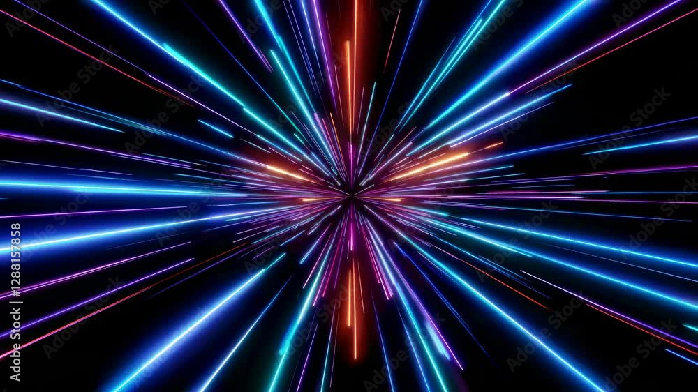 Poster dynamic video of colorful light streaks radiating from a central point, creating a tunnel effect. ca