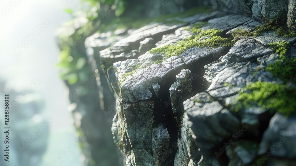 Poster weathering process idea. close-up of rocky cliff with vibrant moss and soft natural light creating a
