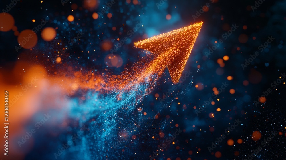 Aufkleber glowing orange arrow made of particles on a dynamic blue background, representing innovation and pro