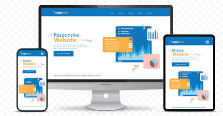 Responsive Website Design With Desktop Computer Screen, Mobile Phone and Tablet PC Vector Illustration.