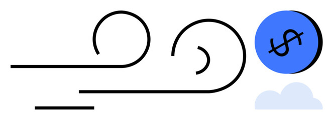 Black lines form wind swirls, propelling a blue circle with a dollar sign, with a cloud below. Ideal for finance, economy, change, movement, business trends, breezy investments abstract line flat